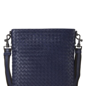 Navy Intrecciato Flat Messenger Bag