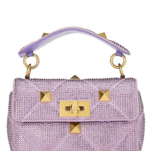Purple Crystal Embellished Roman Stud Top Handle Bag Small